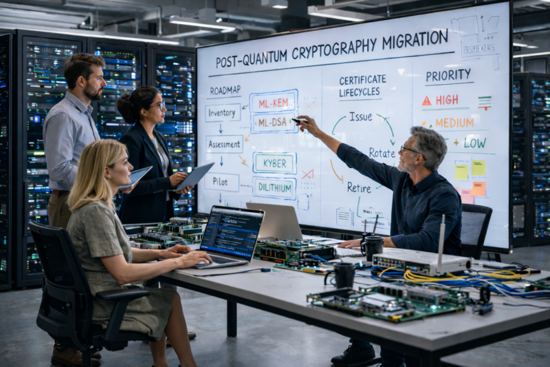 Group of people in front of a whiteboard - lanning for PQC