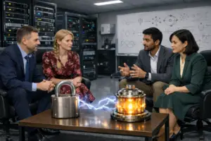 Group of people discussing quantum and security matters