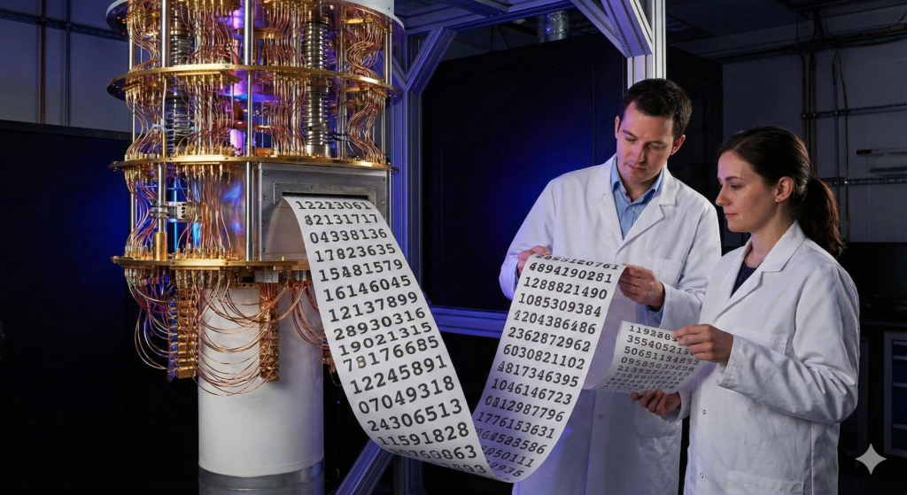 Fantasy picture of two scientists looking a page of random numbers coming out of a quantum machine