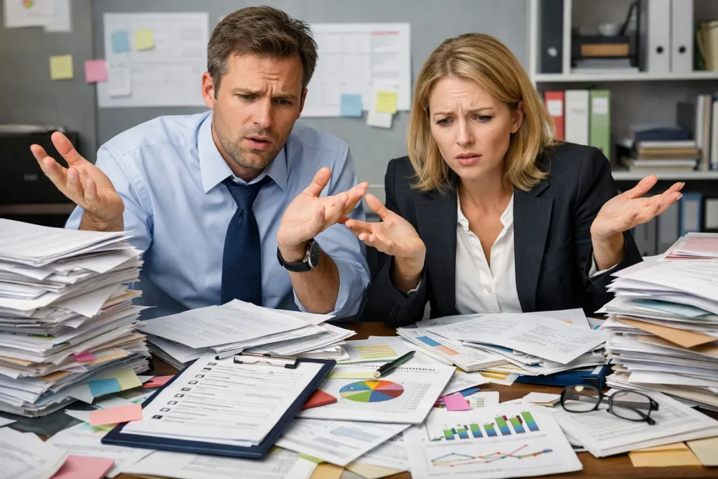 Man and woman confused and surrounded by papers