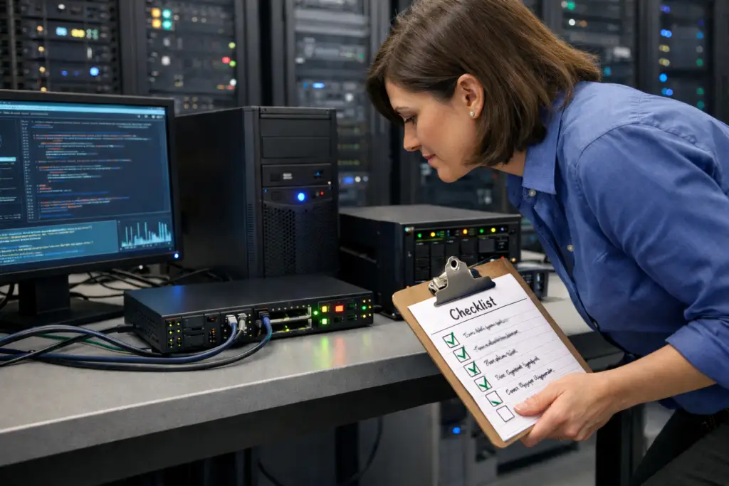 Lady assessing a system and filling in checklist