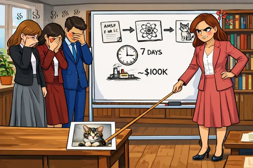 Picture of boss angry that is has taken $100k and 7 days to decode a cat meme