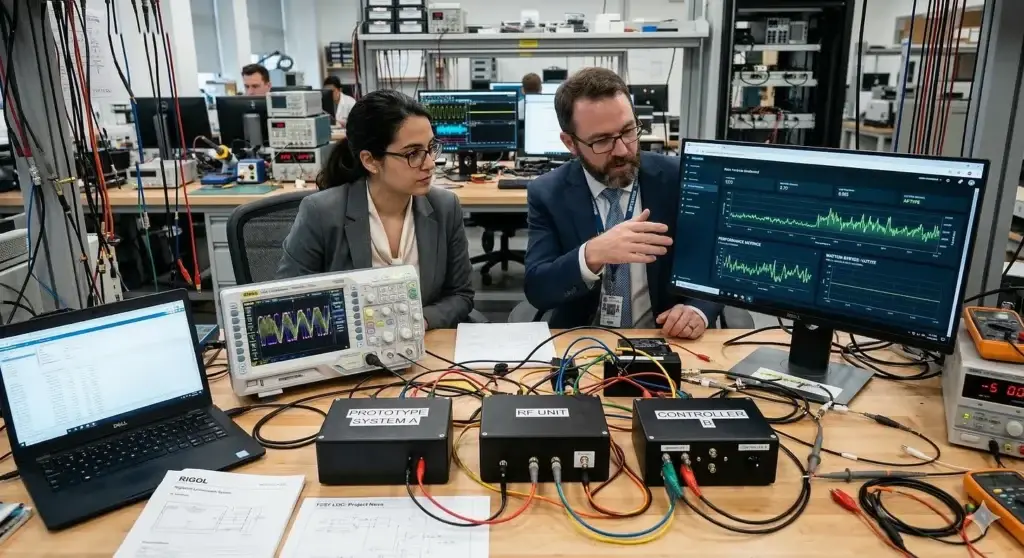 Man and woman at lab bench testing equipment