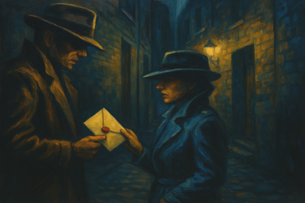 decorative - spies exchanging data down a secret alley
