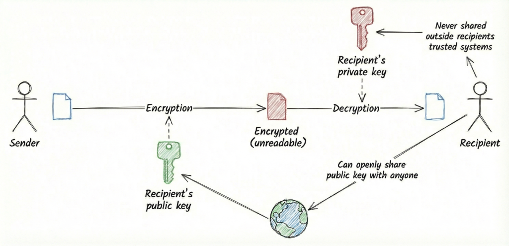 Public/private key exchange system - schematic view
