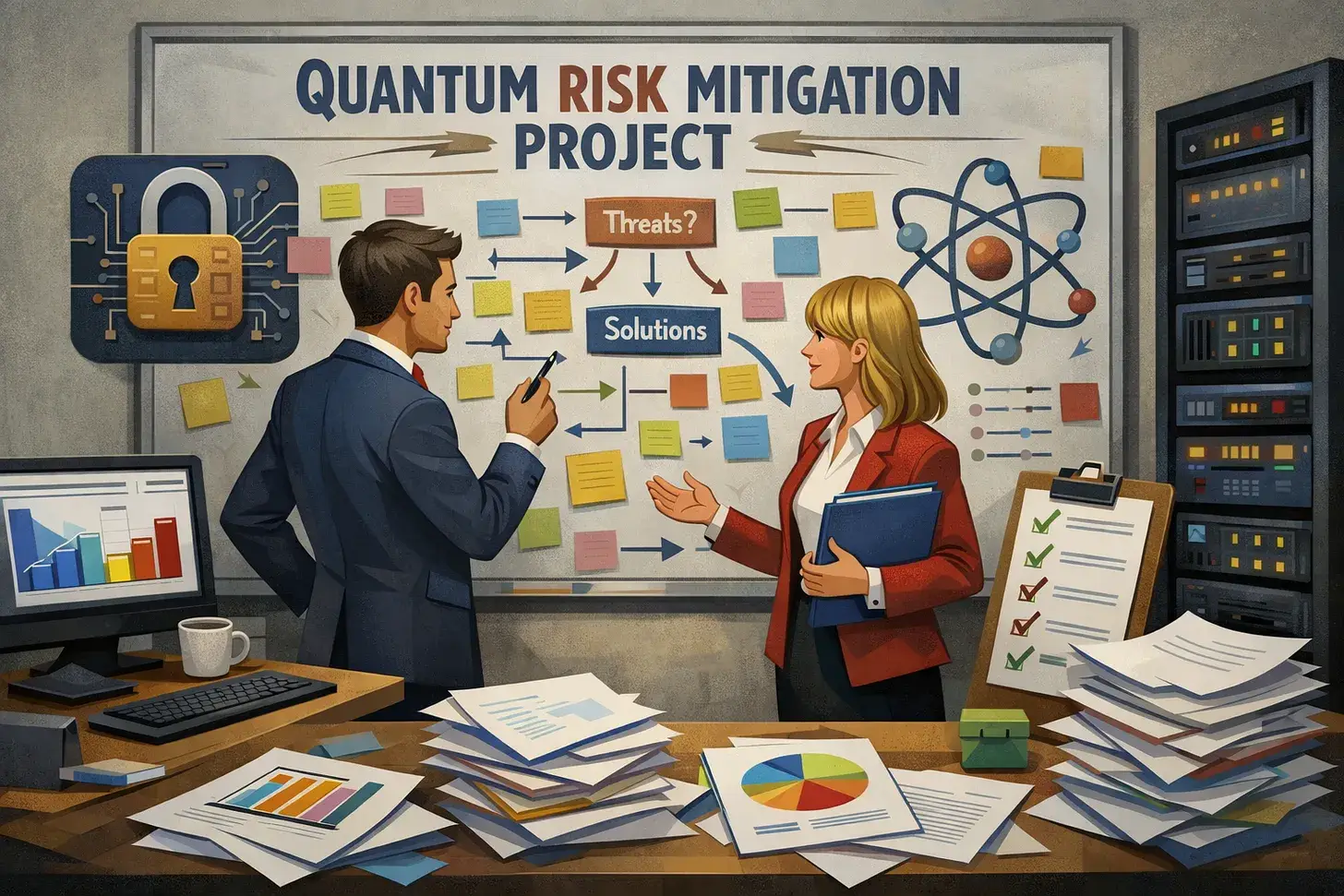 Two people in front of a whiteboard planning quantum risk mitigation