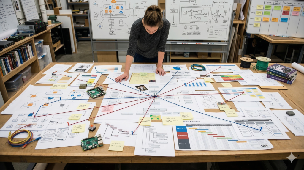 Lady sorting out a complex project plan
