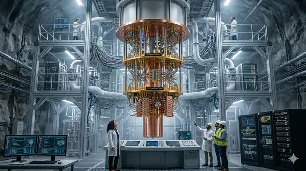 AI generated image of people looking at a large quantum computer